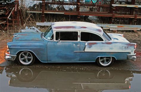 2 LANE BLACKTOP LOOK Gray primer, wheel wells are radiused, brushed aluminum interior, no rear seat with black rubber 150 mats on the floor. . 1955 chevy rat rod for sale